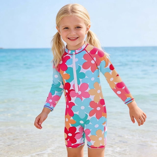 Girl Rash Guard Swimsuits Long Sleeve Sun Protection Flounce Printed Kids Bathing Suits Girls 18-24 Months