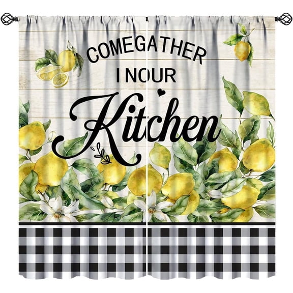 Farmhouse Lemon Kitchen Curtains Rustic Vintage Wooden Planks Yellow Fruit Black White Buffalo Plaid Art Printed for Bedroom Living Room Rod Pocket Decoration Window Drapes 2 Panels W42xL54in
