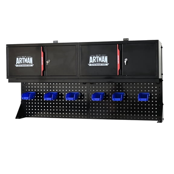 Noaman Wall-Mounted Double-Door Storage Cabinet with Tool Rack, Pegboard, and Hooks, Stainless Steel, Black & Red