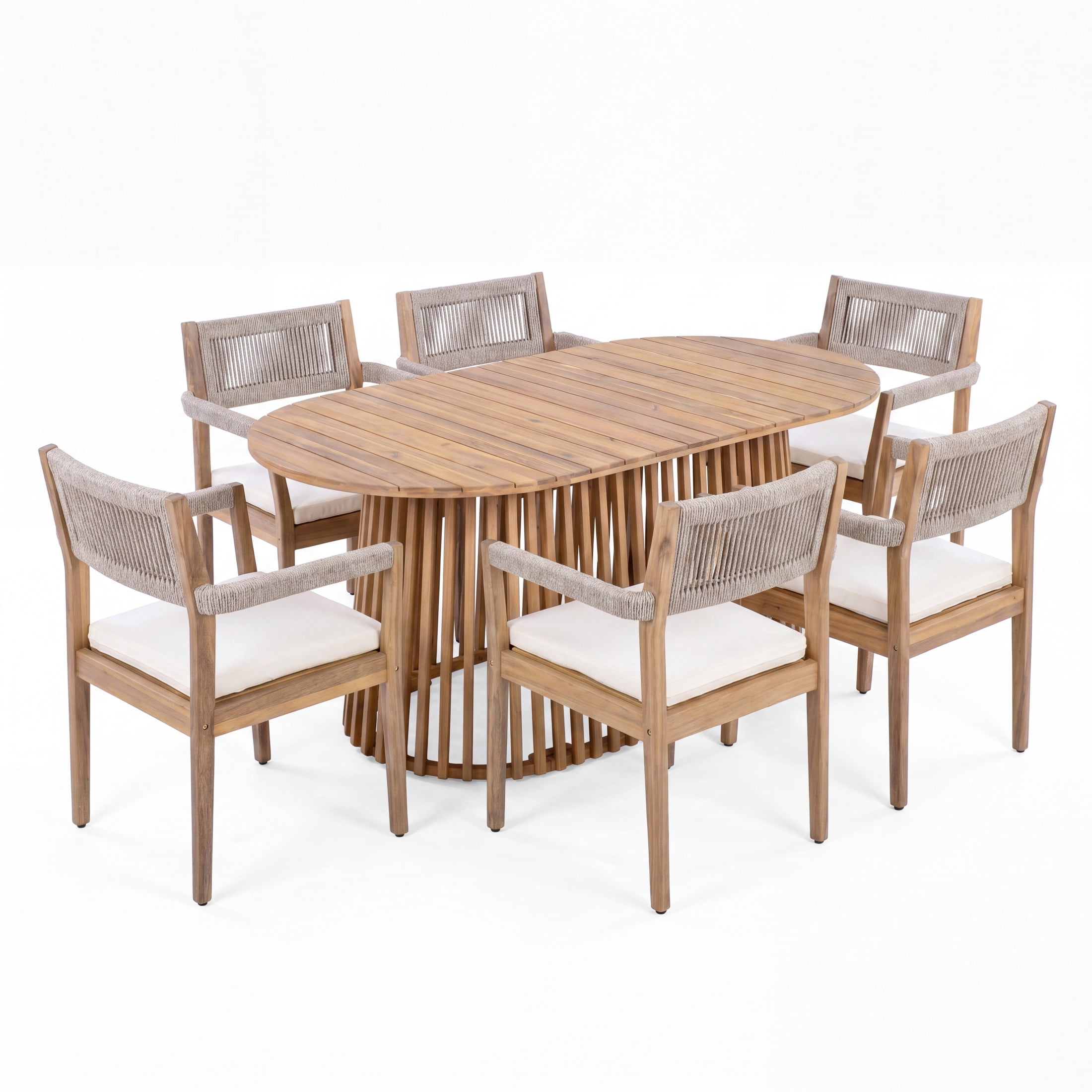 Christopher Knight Home 7-Piece Acacia Wood Patio Dining Set, Oval Table with Rope Chairs, Teak + Cream