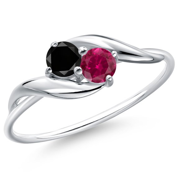 Gem Stone King 10K White Gold Round Black Diamond and Red Created Ruby Ring for Women (0.42 Cttw, Round 3.5MM, Gemstone April Birthstone, Size 7)