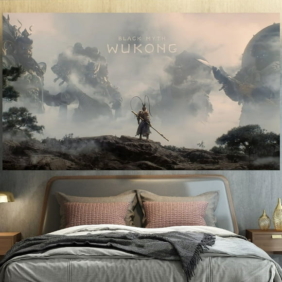 Black Myth Wukong Poster Background Wall Hanging Cloth Delivery Tools And Star Lights For Easy Installation Can Be Hung Anywhere