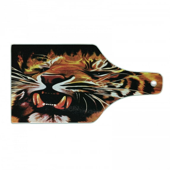 Safari Cutting Board, Power Tiger Hunter Forest King Beast Stripes Furry Large Animal Print, Tempered Glass Cutting and Serving Board, Wine Bottle Shape, Orange White and Black, by Ambesonne