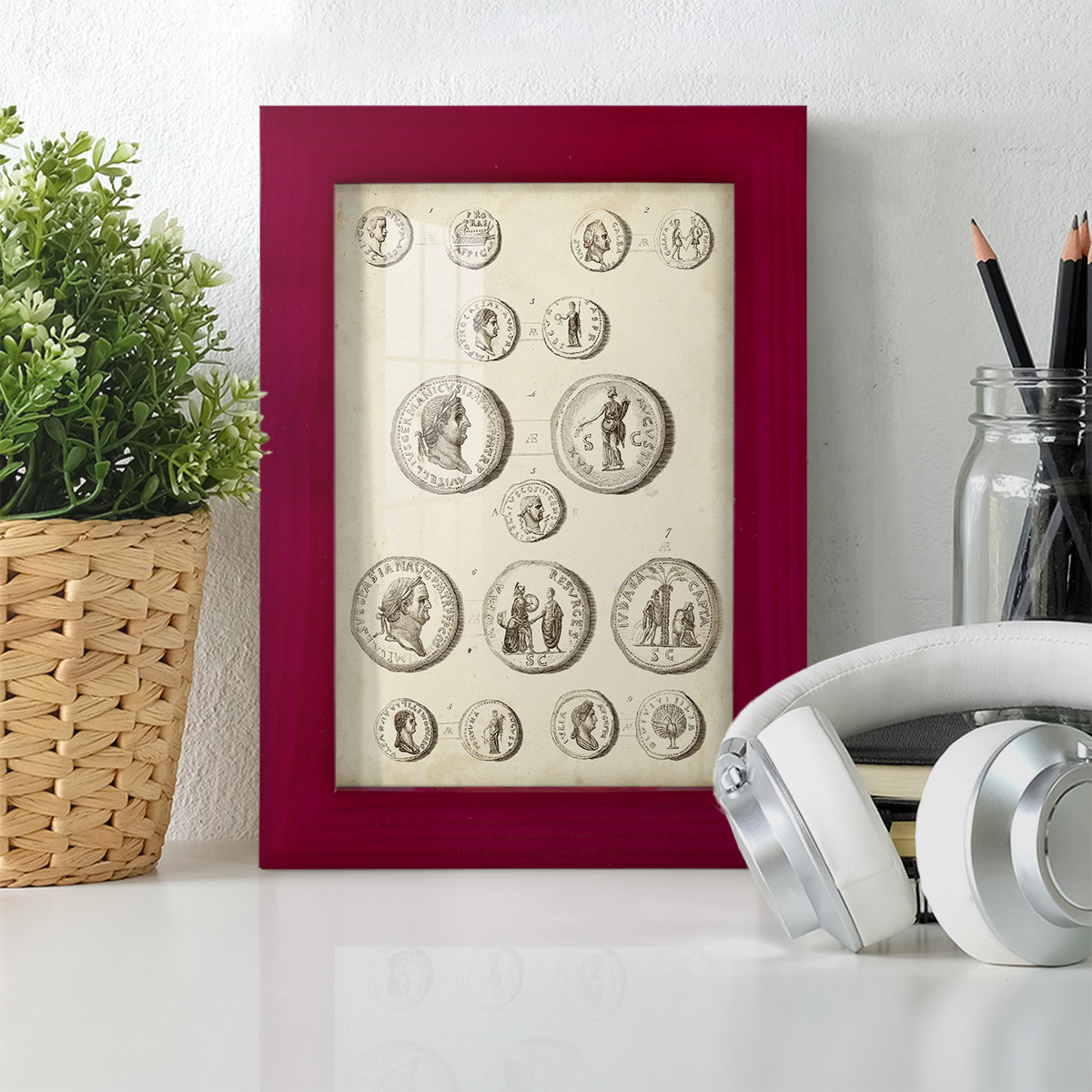 Antique Roman Coins III -Framed Print w/glass-Cherry Red