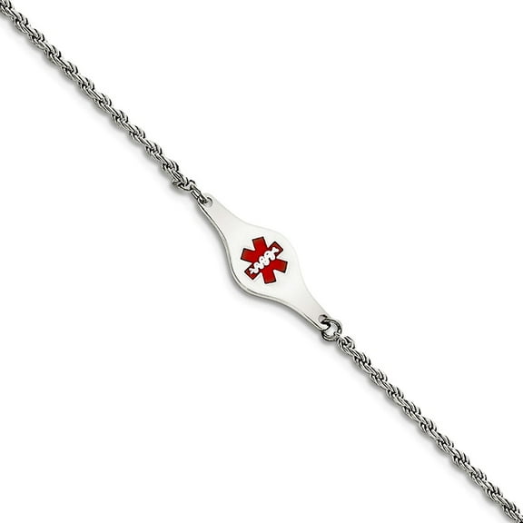 925 Sterling Silver Polished Medical ID Rope Link Bracelet 7 Inch Lobster Claw Identification Bracelet for Women