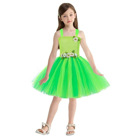 JUoaLXG Toddler Girls Casual Dresses Summer Sleeveless Suspenders Dance Party Princess Wand Headband Wing Set Dress Daily-Wear,Green,5-6 Years