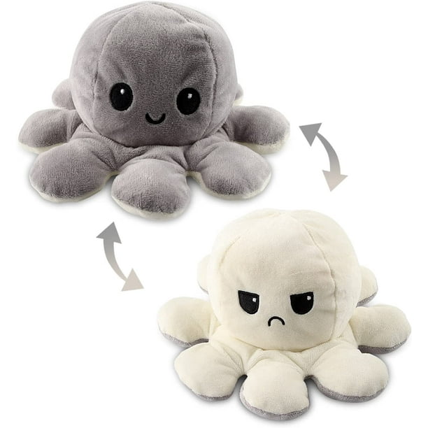 Pulpo de peluche reversible, peluche reversible con estado de ánimo, lindos juguetes de peluche de pulpo reversible, suave peluche de pulpo reversible (blanco y gris)
