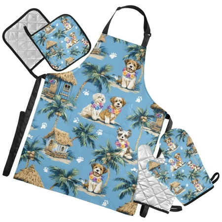 Ryvnso Dog Summer Palm Tree Kitchen Apron Oven Mitts Set Pot Holders