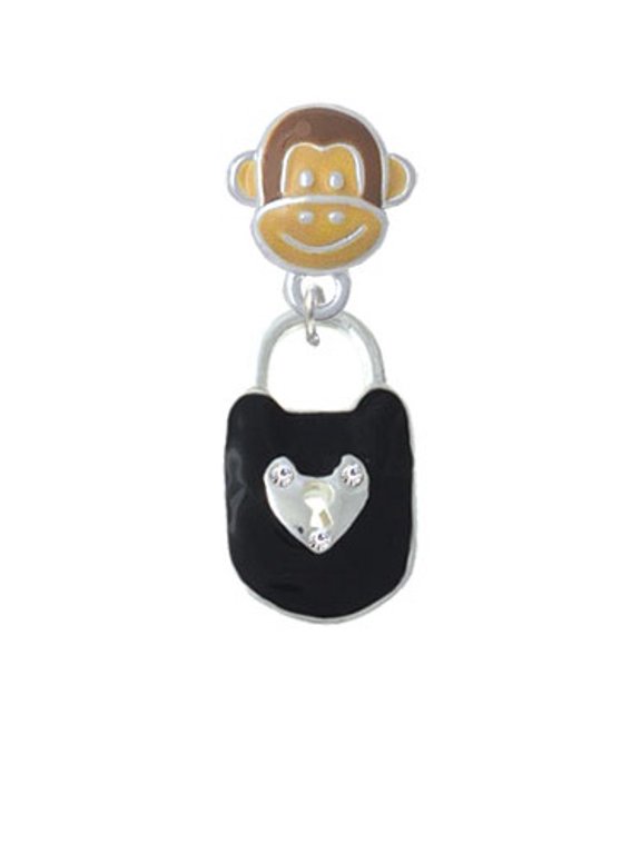 Black Enamel Lock with Clear Crystals - Monkey Face Charm Bead