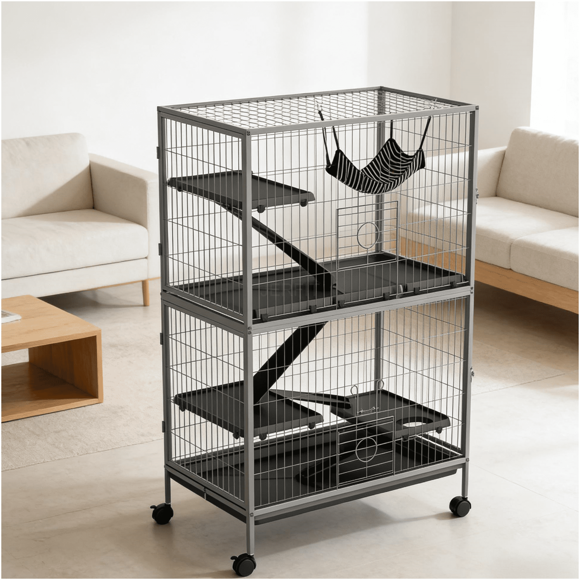 JERFIT Rolling Small Animal Cage | 5-Tier Ferret House with Wheels, Ramp & Hammock, Sturdy Steel Frame, Black, Indoor Pet Habitat for Chinchillas, Sugar Gliders & Kittens