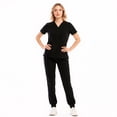 thumbnail image 3 of Xfvqtps Scrub Set for Women Solid Color V-Neck Stretch Scrub Top Elastic Waist Jogger Scrub Pants with Pocket Short Sleeve Working Nursing Uniforms Set Black, 3 of 10