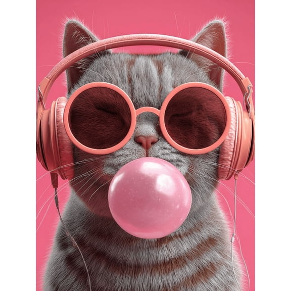 UXIEQU Cool Cat Bubble Gum Headphones Canvas Wall Art 15.75x11.81 Inches