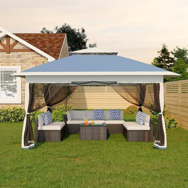 Abri de Jardin Pliante 13 X 13 Pi, Imperméable et Résistante aux UV, avec Moustiquaire, 3 Hauteurs Réglables, Installation en une Pression et 4 Sacs de Sable pour Cour Arrière, Jardin, Patio, Bleu