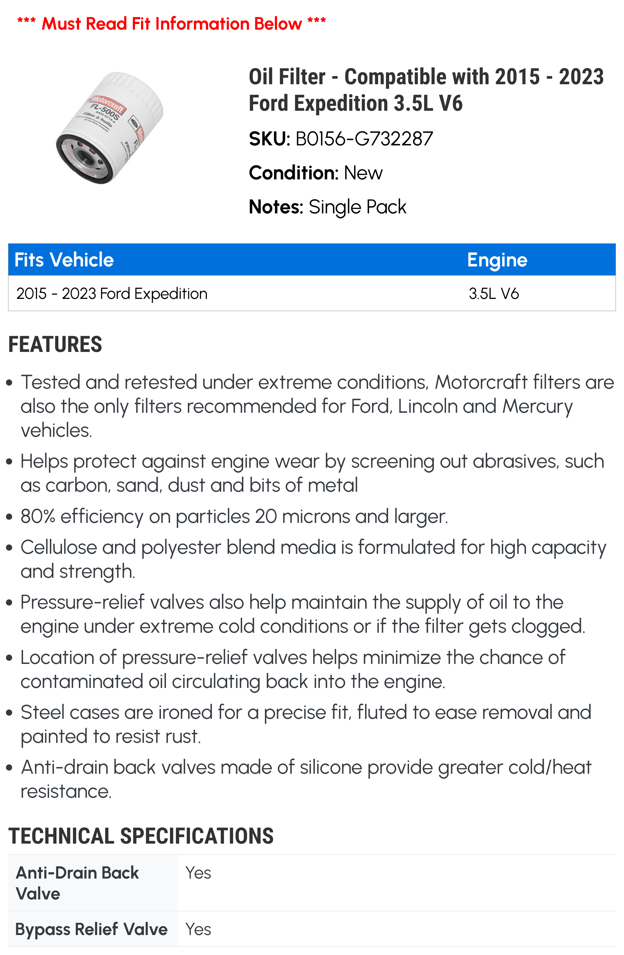 Oil Filter - Compatible with 2015 - 2023 Ford Expedition 3.5L V6 2016 2017 2018 2019 2020 2021 2022