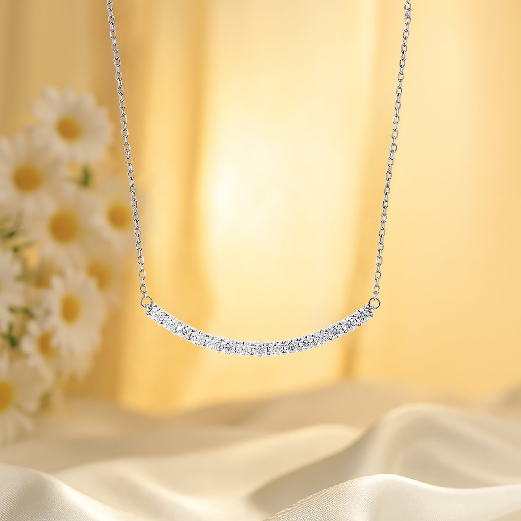 JeenMata Curved Bar Round-Shaped Moissanite Pendant Necklace in 18K White Gold over Silver