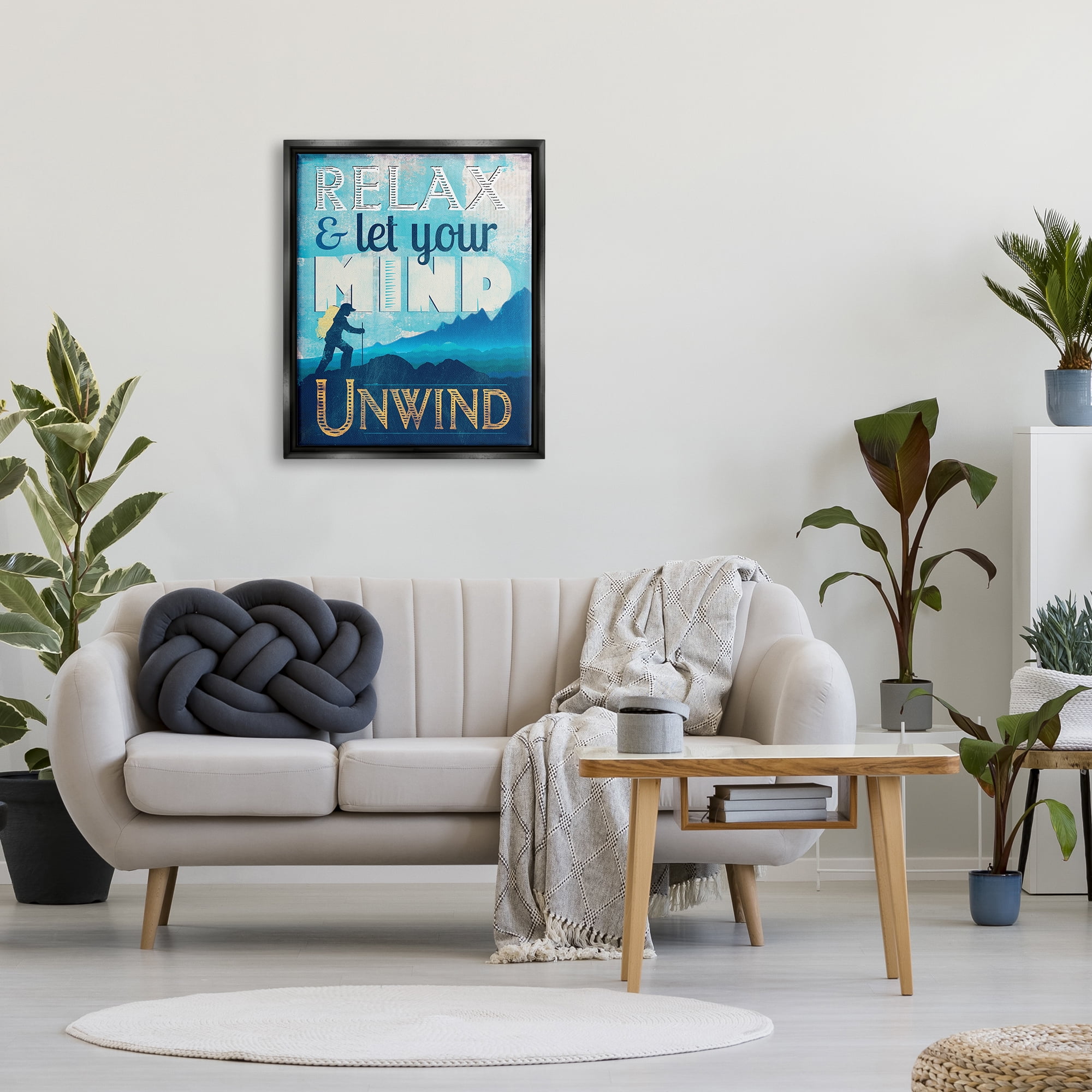 Stupell Industries Unwind Hiking Nature Inspirational Painting Black Floater Framed Canvas Art Print Wall Art, 25 x 31
