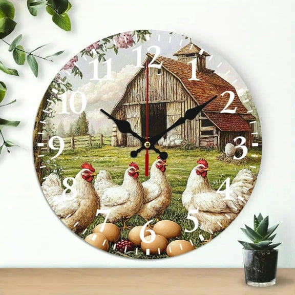 chickens eggs barn Wooden Wall Clock, Battery Operated (AA Not Included) Wall hanging decor, Perfect for Living Room, Dorm, Bedroom, Kitchen, Home Office & More, Wall Clock Living Room