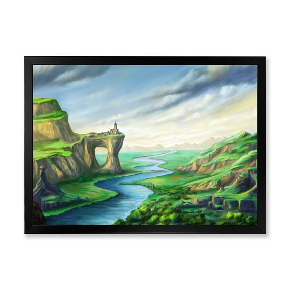 Meandering River With Blue Fantasy Landscape 40 in x 30 in Framed Painting Canvas Art Print, by Designart
