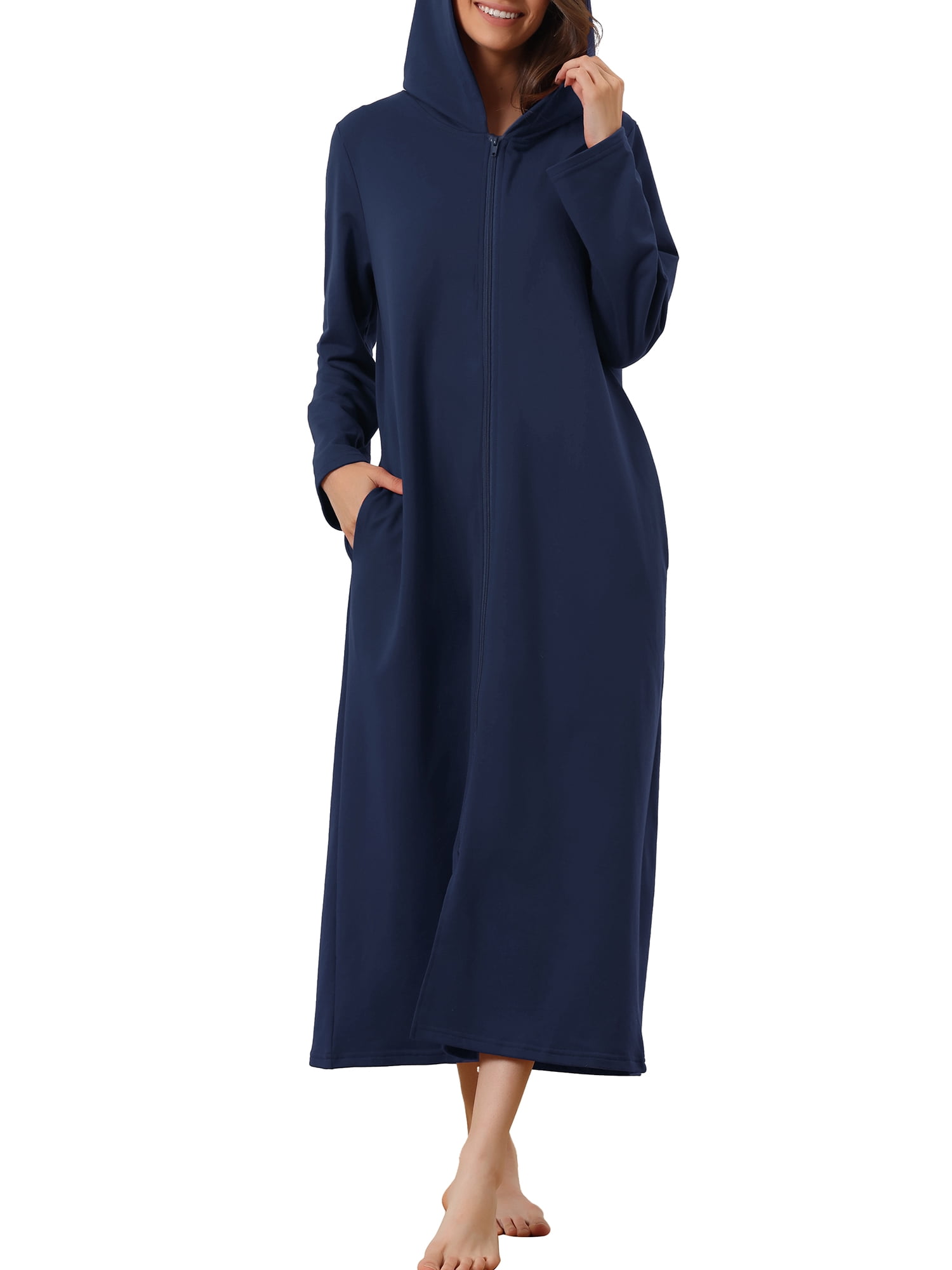 Unique Bargains Womens Robe Zip up Hooded House Dress Nightshirt Hoodie Long Bathrobe XL Navy Blue