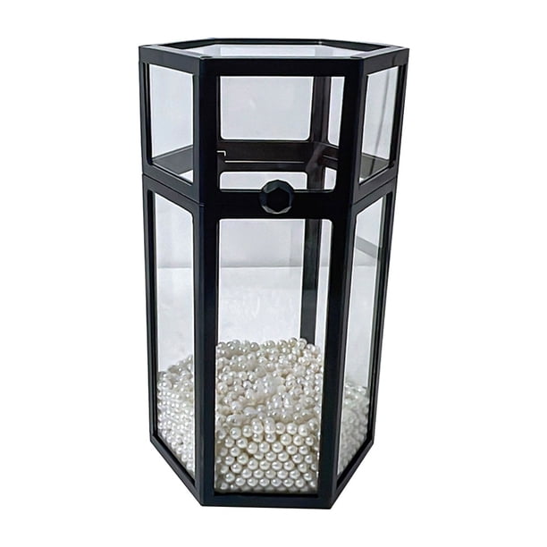 Cateissary Caja de almacenamiento de cepillos exquisita de vidrio, caja de cosméticos de vidrio resistente a arañazos y roturas, resistente al Almacenamiento y organización del hogar Negro-Hexágono