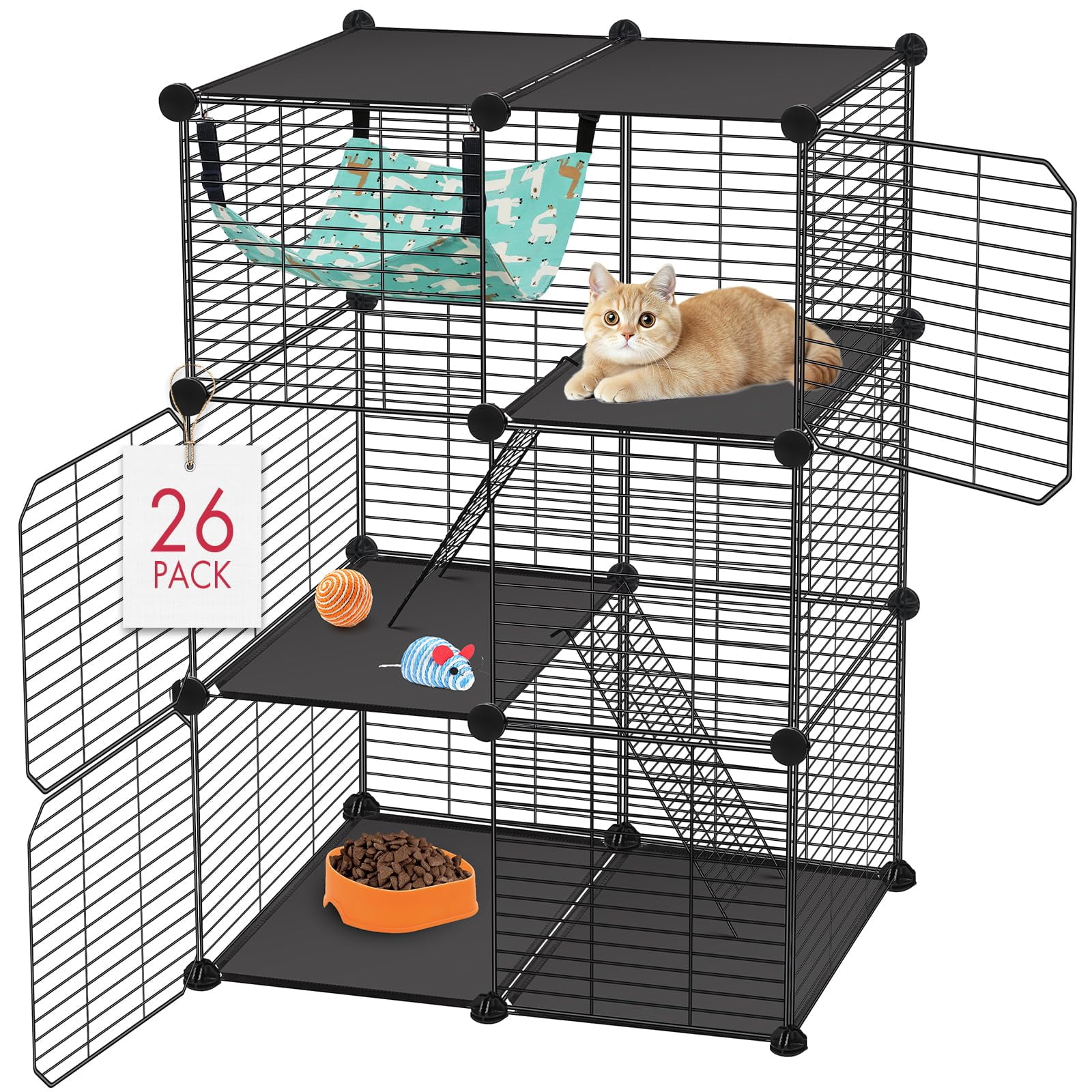 3-Tier DIY Cat Cage 24x16x36 Inches Cat Enclosures Indoor Outdoor Playpen with Hammock Detachable Metal Wire Kennel for Kittens Exercise