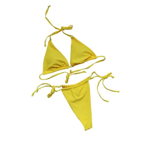 Ladies Swimsuits 2 Piece,Women Halter String Bikini Set Summer Thong Cheeky Two Piece Swimsuits Solid Color Bathing Swimwear,Yellow,S