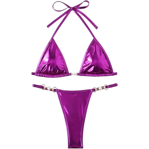Women's Sexy Solid Metallic Bikini Set Y2K Two Piece Swimsuit Full Coverage Bathing Suit Push Up Swimwear for Women