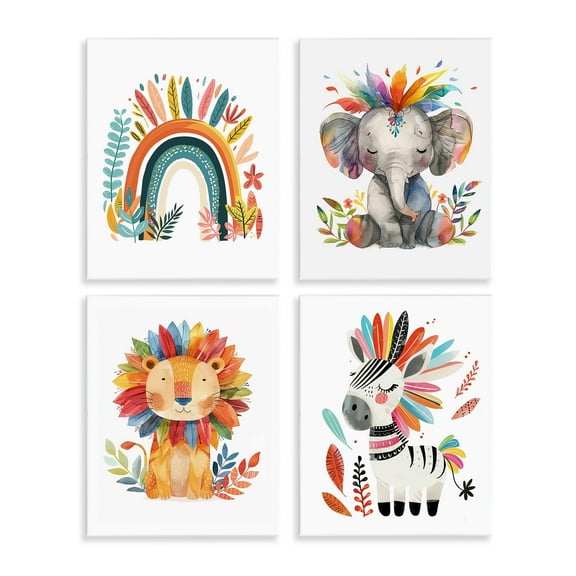 Stupell Industries Rainbow Feather Animals Animals Painting Unframed Art Print Wall Art, 11 x 14, Set of 4