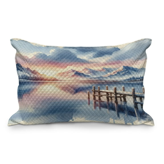Ambesonne Lake Quilted Pillowcover, Pastel Sunset Serene Pier View, 36" x 20", Peach Blush Ceil Blue