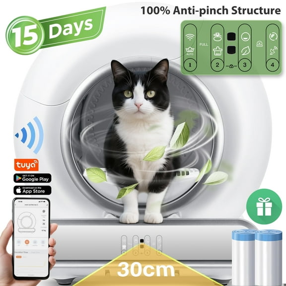 Smart Automatic Self-Cleaning Cat Litter Box for Multi-Cat w/ App Control, Dual Safety Protection, Real-Time Health Tracking, 65L 9L, Odor Removal Cat Litter Box with 2 Roll Liners