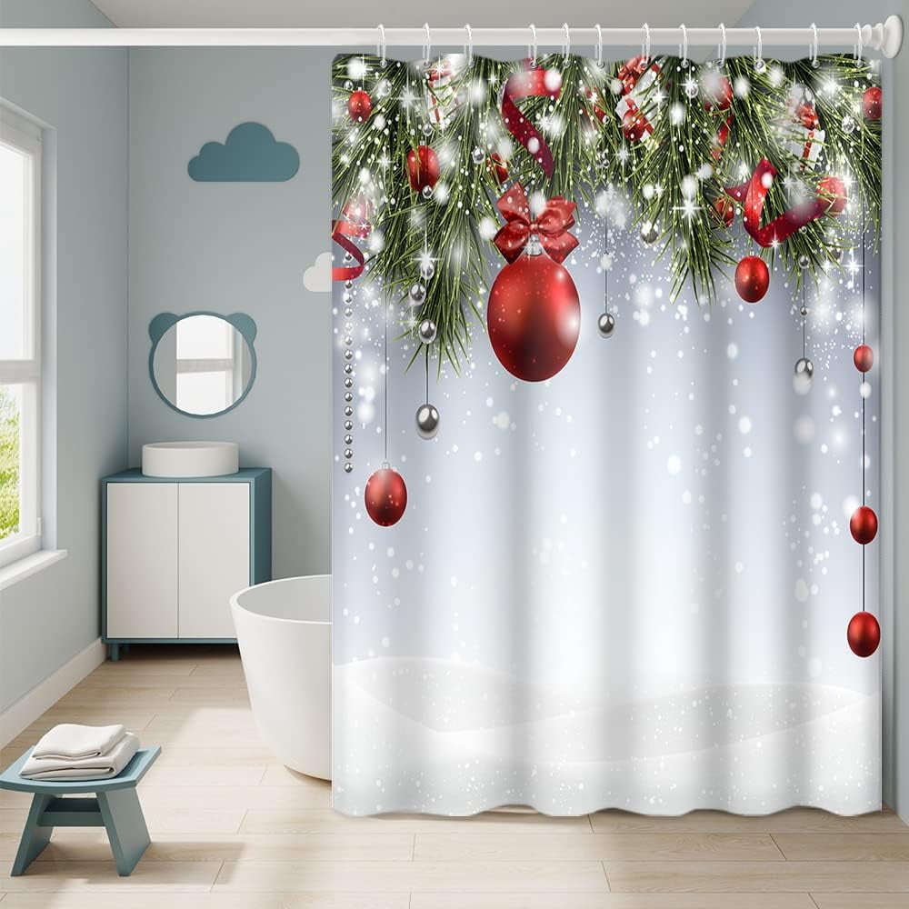 Sonernt Red Christmas Shower Curtain with Hooks Xmas Balls Winter