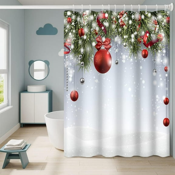 Red Christmas Shower Curtain with Hooks Xmas Balls Winter Snowflakes Green Pine Leaf New Year Themed Shower Curtain for Bathroom Decorative Waterproof Polyester Fabric, 36x72 Inch