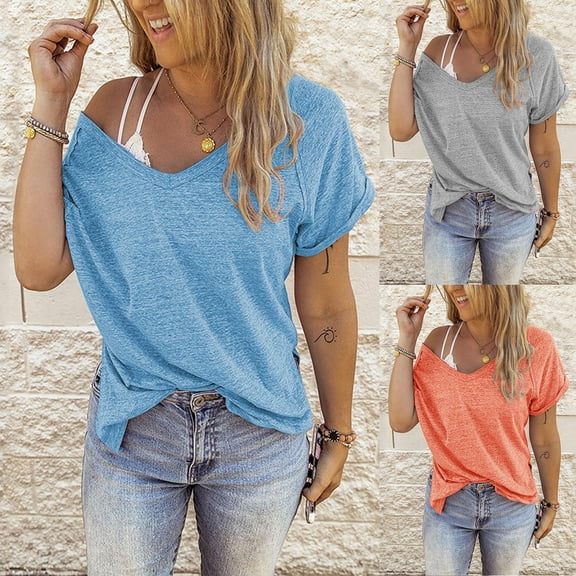 Sentmoon Womens Loose Fit Blouse V Neck Short Sleeve Tops Workout Patchwork Basic Plus Size Summer Tops for Women 2025