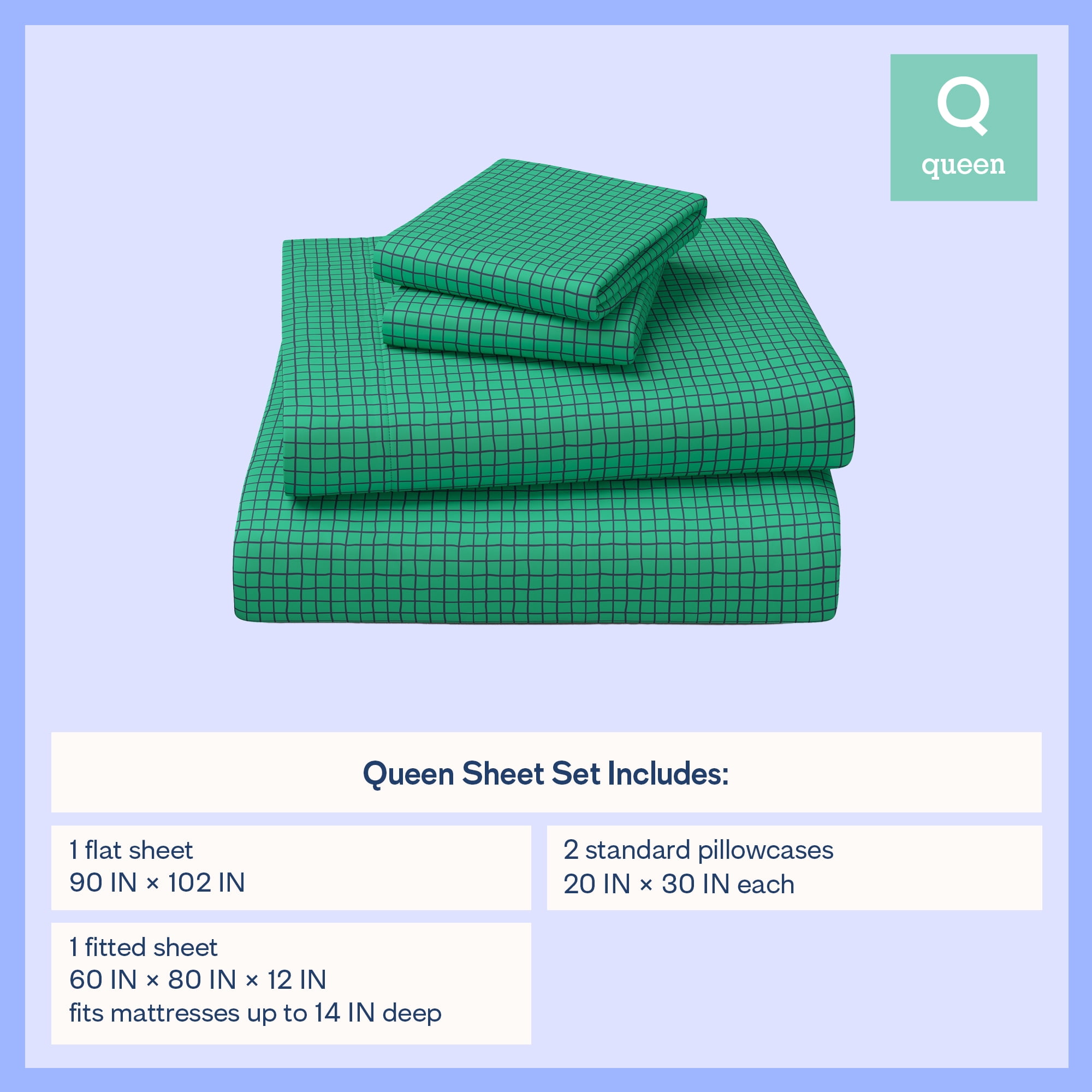 Mainstays Kids Microfiber Bed Sheet Set, Queen, Green Grid, 4 Pieces