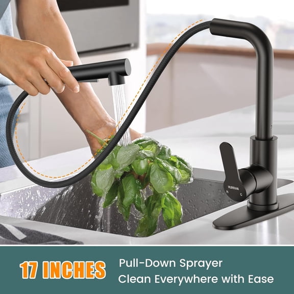 Kitchen Faucets, Kitchen Faucet with Pull Down Sprayer and Deck Plate, Stainless Steel Commercial Utility Kitchen Faucets for Sink 1-3 Hole for Bar Rv Camper Laundry Outdoor Farmhouse, Matte Black