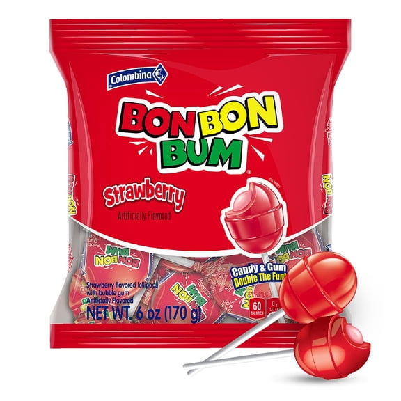 Colombina Bon Bon Bum Classic Lollipops - Sweet Strawberry with Chewy Bubble Gum Center Suckers, Gluten-Free Candy, 6 oz Bags (10 Count) - 1 Pack