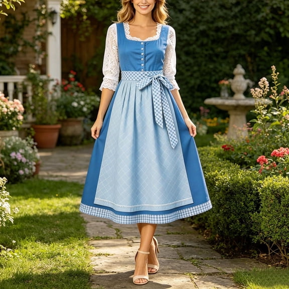 QUNYINEY Flowy Summer Dresses for Women 2026 Oktoberfest Sleeveless German Long Dirndl Dress Casual Beer Carnival A Line Loose Fit Square Neckline Dresses