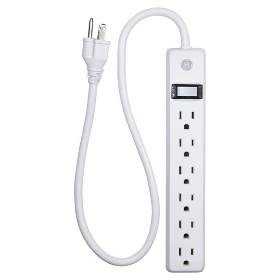 GE 6 Outlet Power Strip, 2 ft Extension Cord, White, 14830