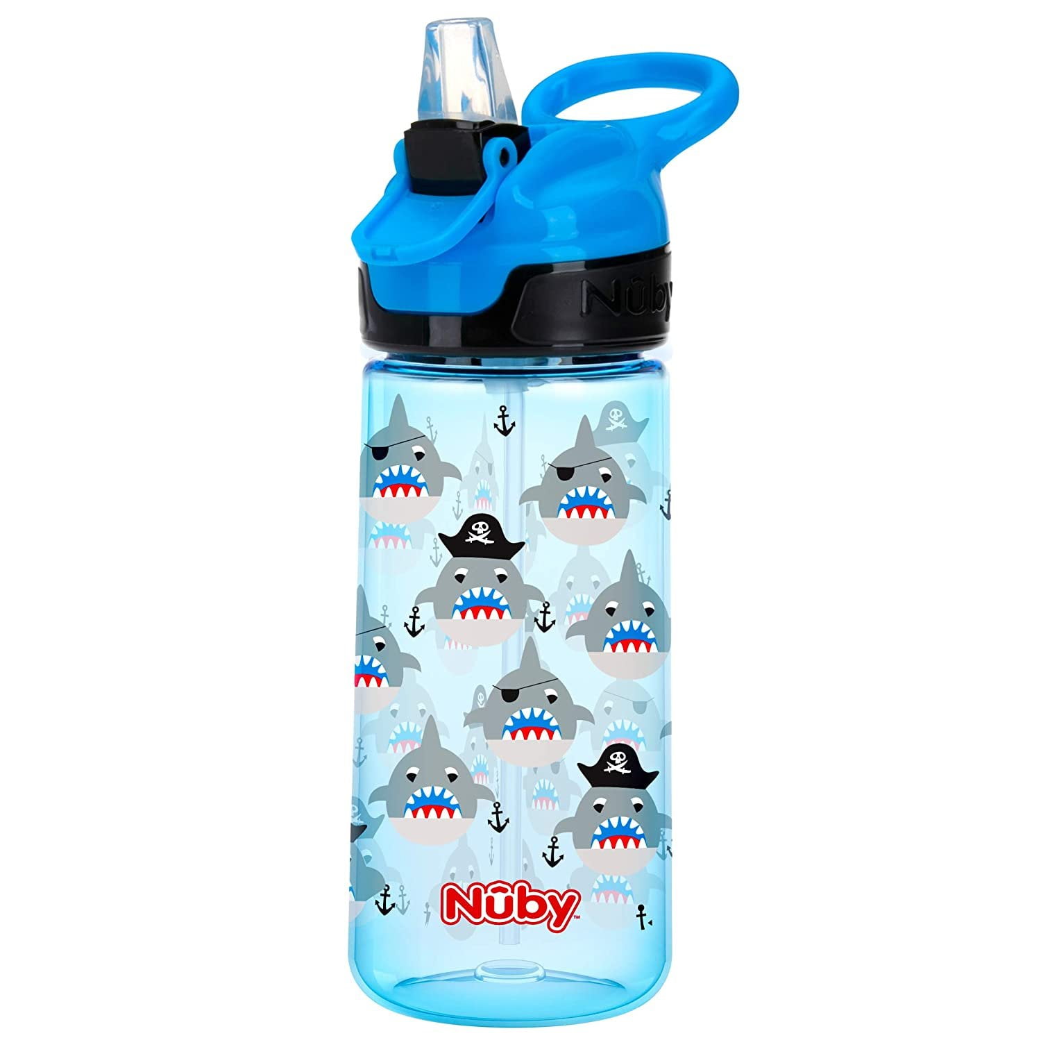 Nuby Push Button Flipit Soft Spout Tritan Water Bottle, Blue Sharks, 18 Oz