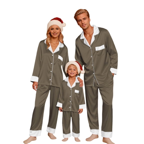 Christmas Matching Pajamas for Family Silk Pjs Long Sleeve Button down Holiday Home Sleepwear Set Top and Pants 2 Piece Set Mother Daughter Matching Pajamas