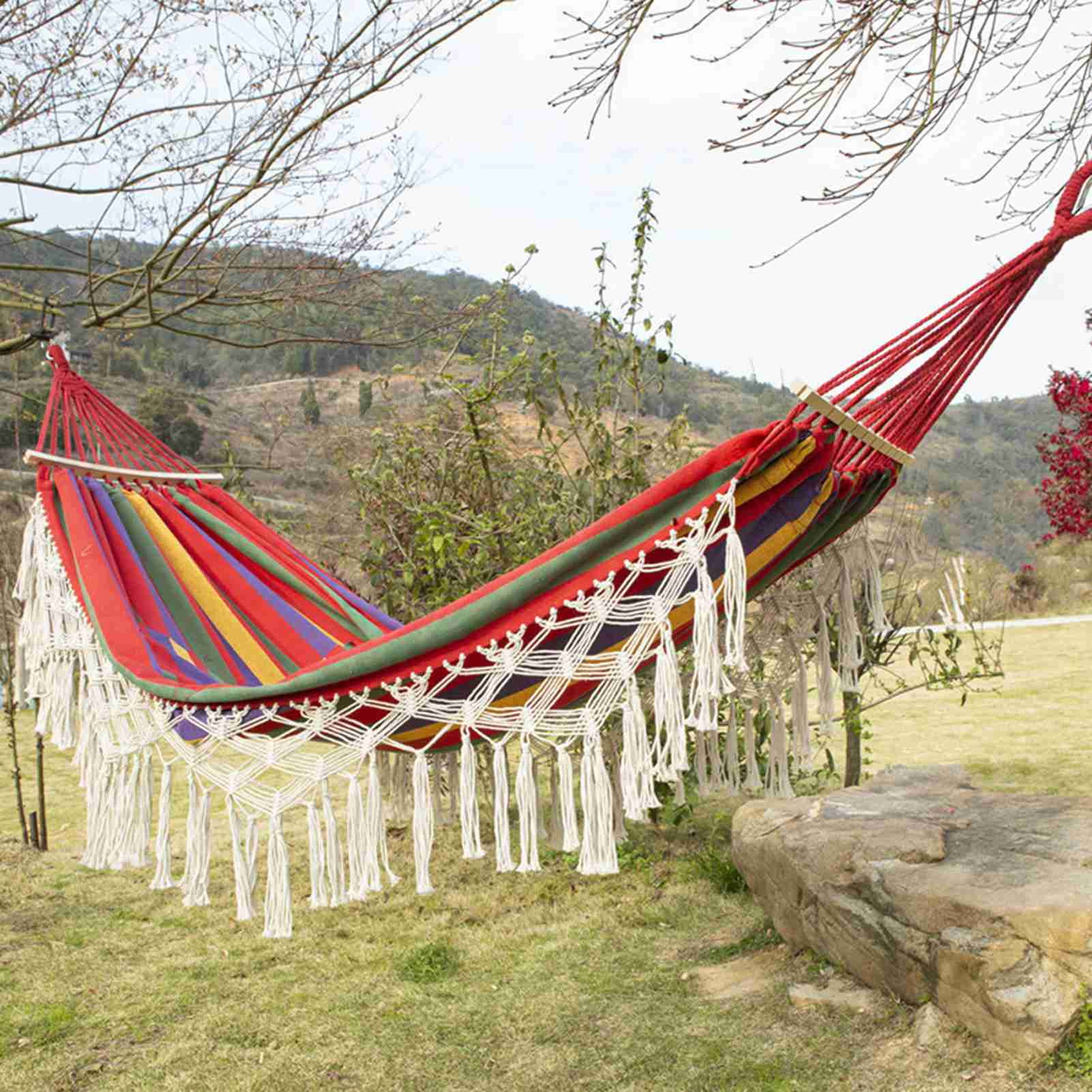 YAHHU Double Macrame Hammock 2 Person Canvas Swing Bed with Anti-Rollover Wooden Pole Tassels for Indoor Outdoor Patio Beach Yard Camping White (59x78.7 inches / 150x200 cm)