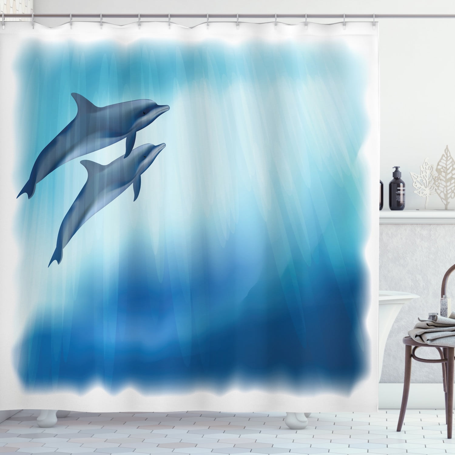 72x72'' A Pair Of Dolphins Dancing Waterproof Fabric Bathroom Shower Curtain 