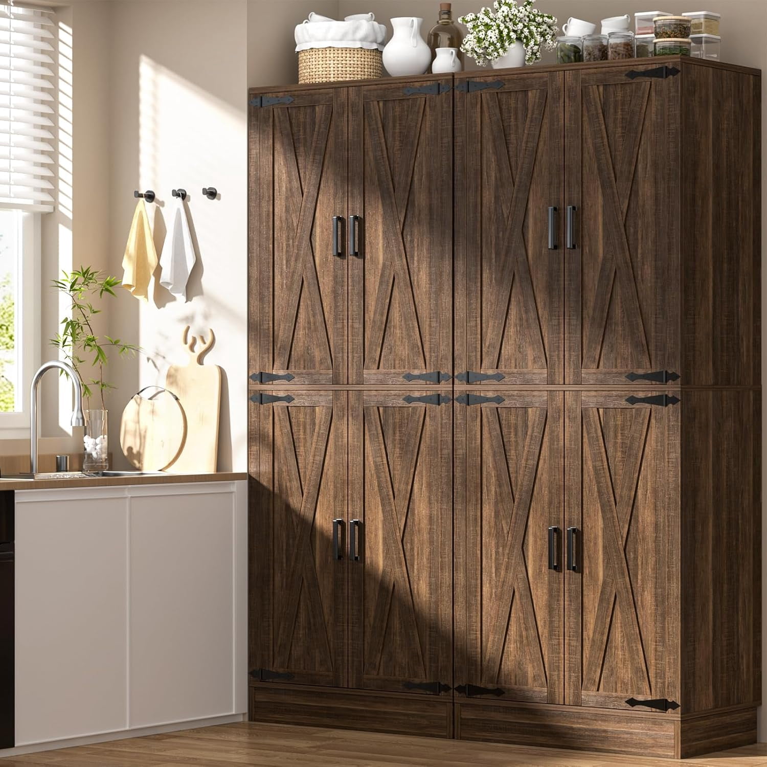 iSunirm 71" Tall Kitchen Pantry Storage Cabinet with Drawer, 4 Doors and 4 Adjustable Shelves, Freestanding Wood Farmhouse Pantry Cabinet for Kitchen, Dining Room, Pantry