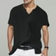 thumbnail image 3 of Camisas Para Hombre Camisetas de lino y algodón de manga corta para hombre, informales, de verano, con escote en V, para la playa, breves, transpirables, blusas (Black, XXL), 3 of 4