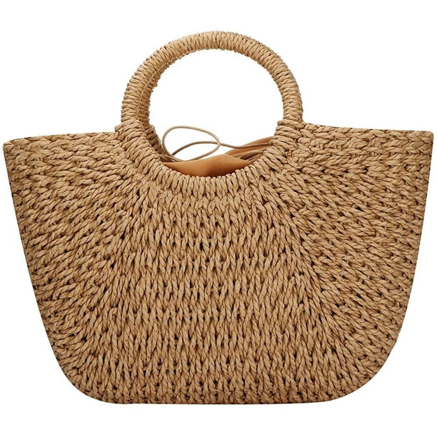 Zhuge Bolso de paja para mujer, bolso grande tejido, bolso de mano con asa redonda y aro, bolso retro, bolso de playa de verano
