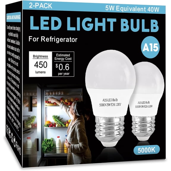 LED Refrirator Light Bulb 2 Pack，Daylight White 5000K 120V 40W Equivalent Appliance Bulb，A15 5W E26 Base Waterproof Frid Light Bulbs for Freezer Home Lighting,Small Light Bulb,Dimmable