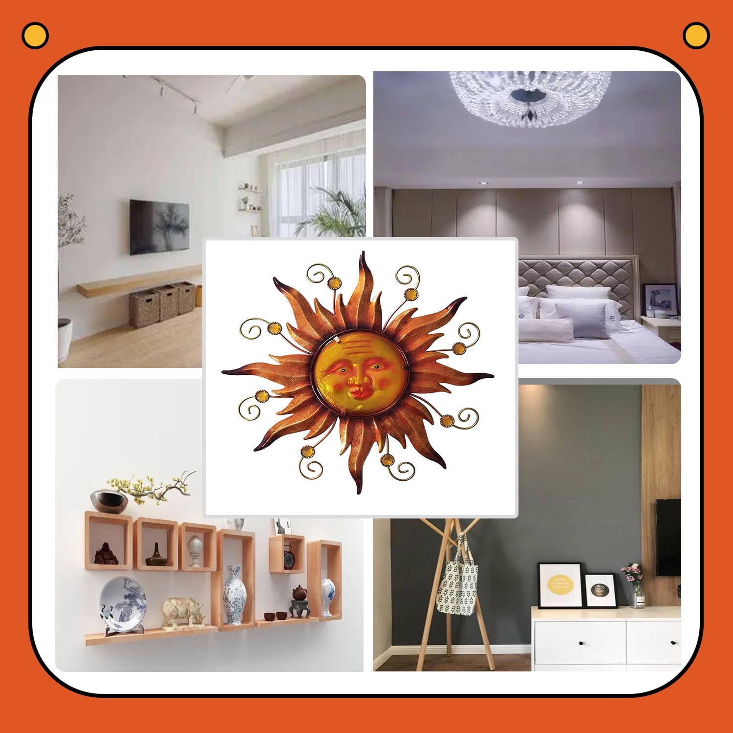 Metal Sun Face Wall Art Decor Plaque Hanging Home Decorative,Glass Sun