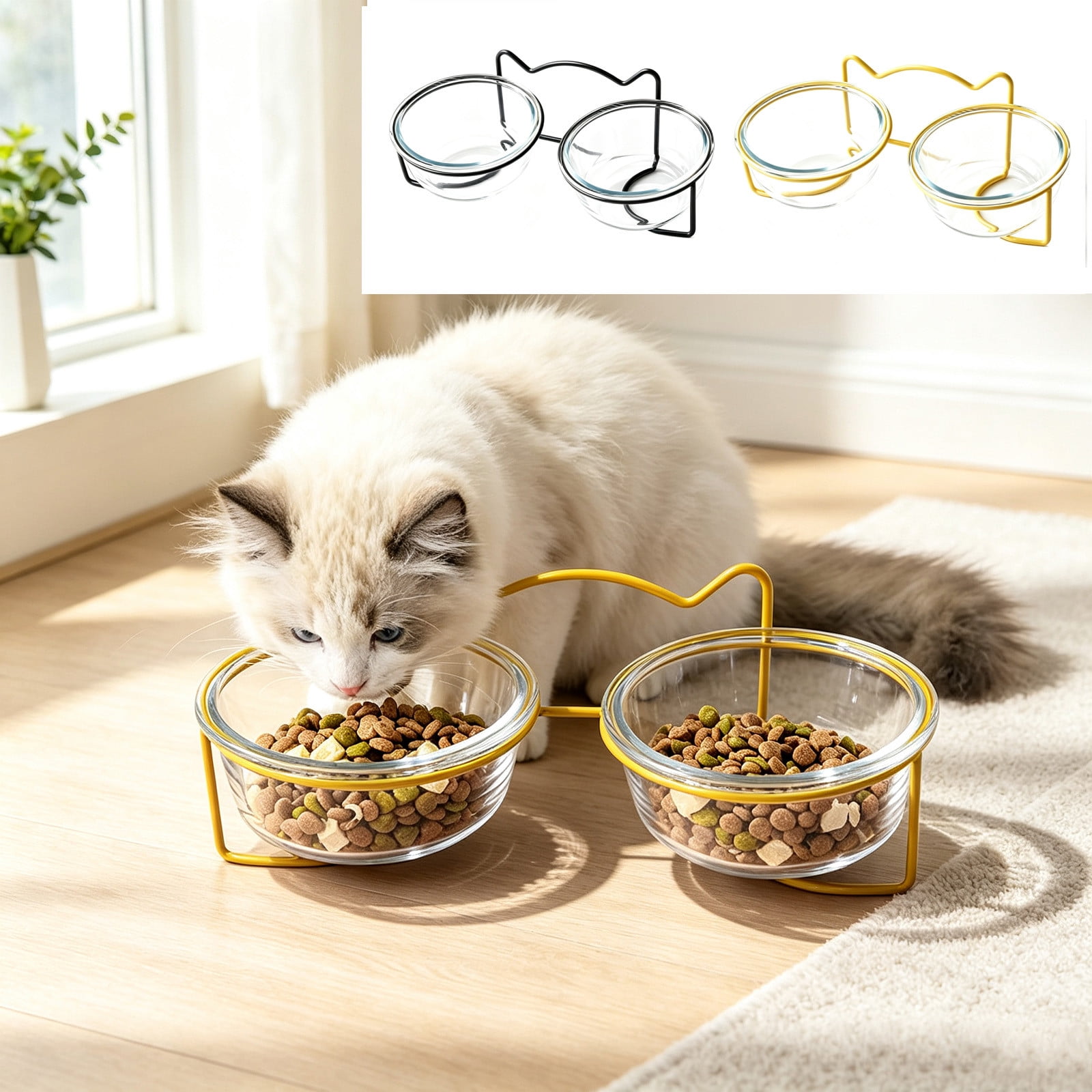 Tilted Glass Double Cat Bowl - Raised Feeder for Cats and Small Dogs Spill-Proof