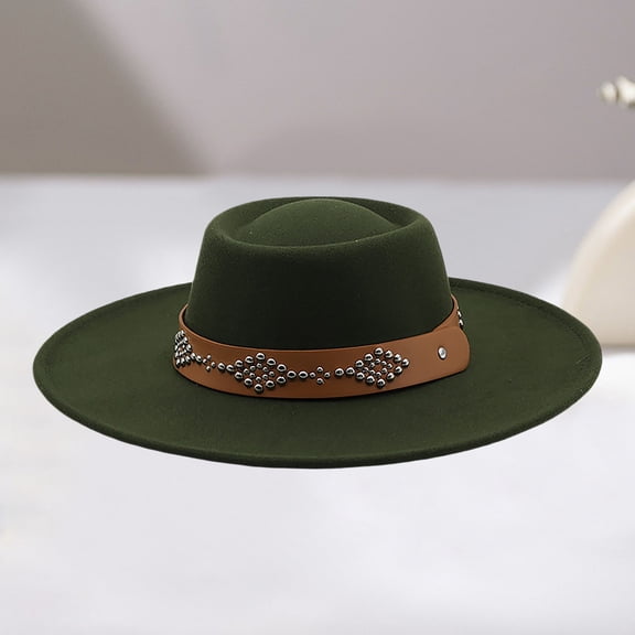 Wide Brim Cowboy Hat Oval Winter Outdoor Warm Daily Flat Top CasualArmy GreenOne Size