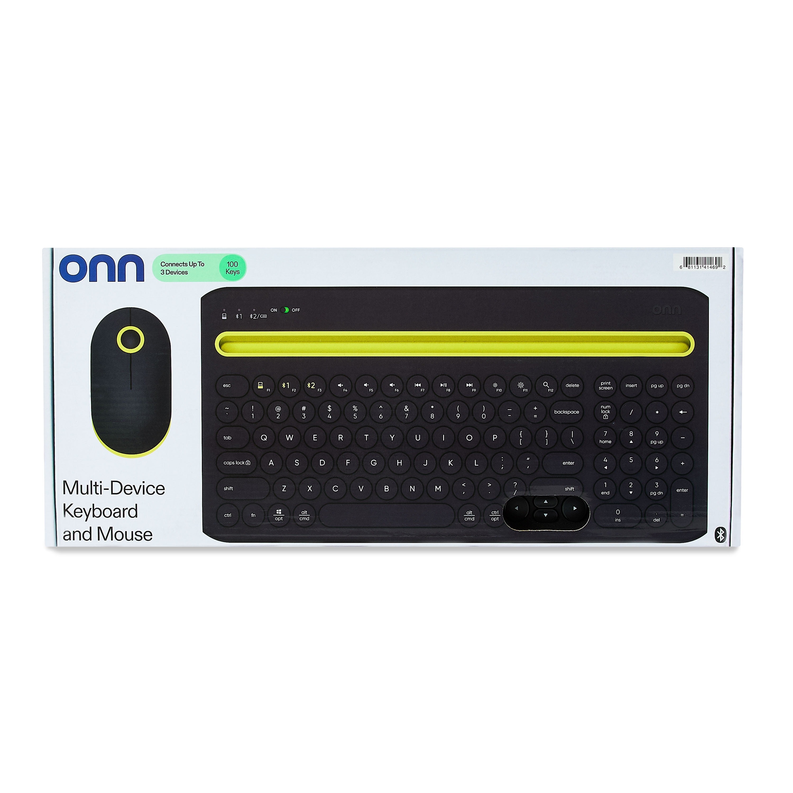 onn Set de teclado inalámbrico de tamaño completo y mouse de 3 botones, gris y amarillo 2